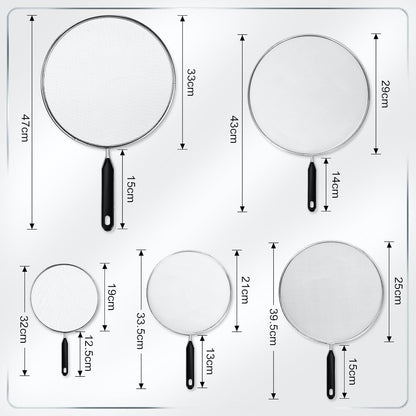 Gisafai 5 Pcs Splatter Guard Set for Frying Pan 13'' 11.5'' 10'' 8.3'' 7.5'' Metal Grease Oil Splatter Screen Fine Mesh Cover Stove Oil Guard with Comfort Grip Handle for Most Pan Pot Safe Cooking