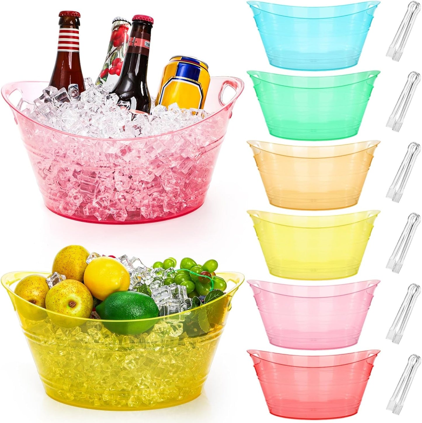 ZAVOOS 6 Pack Plastic Ice Bucket, 4.5 Liter Small Champagne Bucket with Tongs Handle, Colorful Oval Storage Tub Drink Buckets Bulk for Parties, Mimosa Bar, Cocktail Wine Beer Bottle Cooler, Multicolor