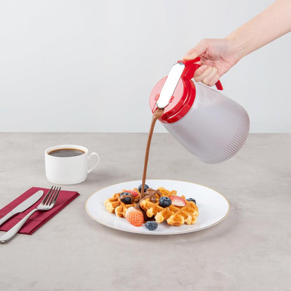 Restaurantware-Chef 101 32 Ounce All Purpose Syrup Dispenser, 1 Honey Dispenser - White Top, Stainless Steel Slide Cover, Plastic Pancake Syrup Bottle, Perfect For Diners, Restaurants, Home