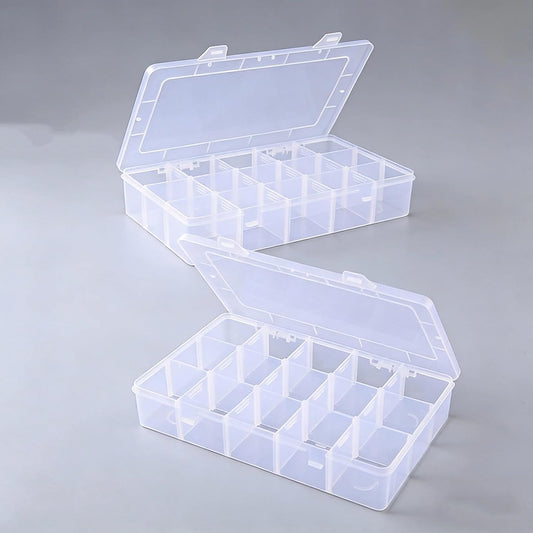 2 Pack Plastic Organizer Box with 14 Removable Dividers,15-Compartment Clear Storage Box for Crafts, Beads, Jewelry & Small Parts (10.5x6.5x2.2 Inches)