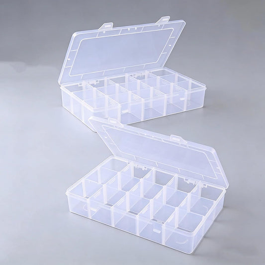 2 Pack Plastic Organizer Box with 14 Removable Dividers,15-Compartment Clear Storage Box for Crafts, Beads, Jewelry & Small Parts (10.5x6.5x2.2 Inches)