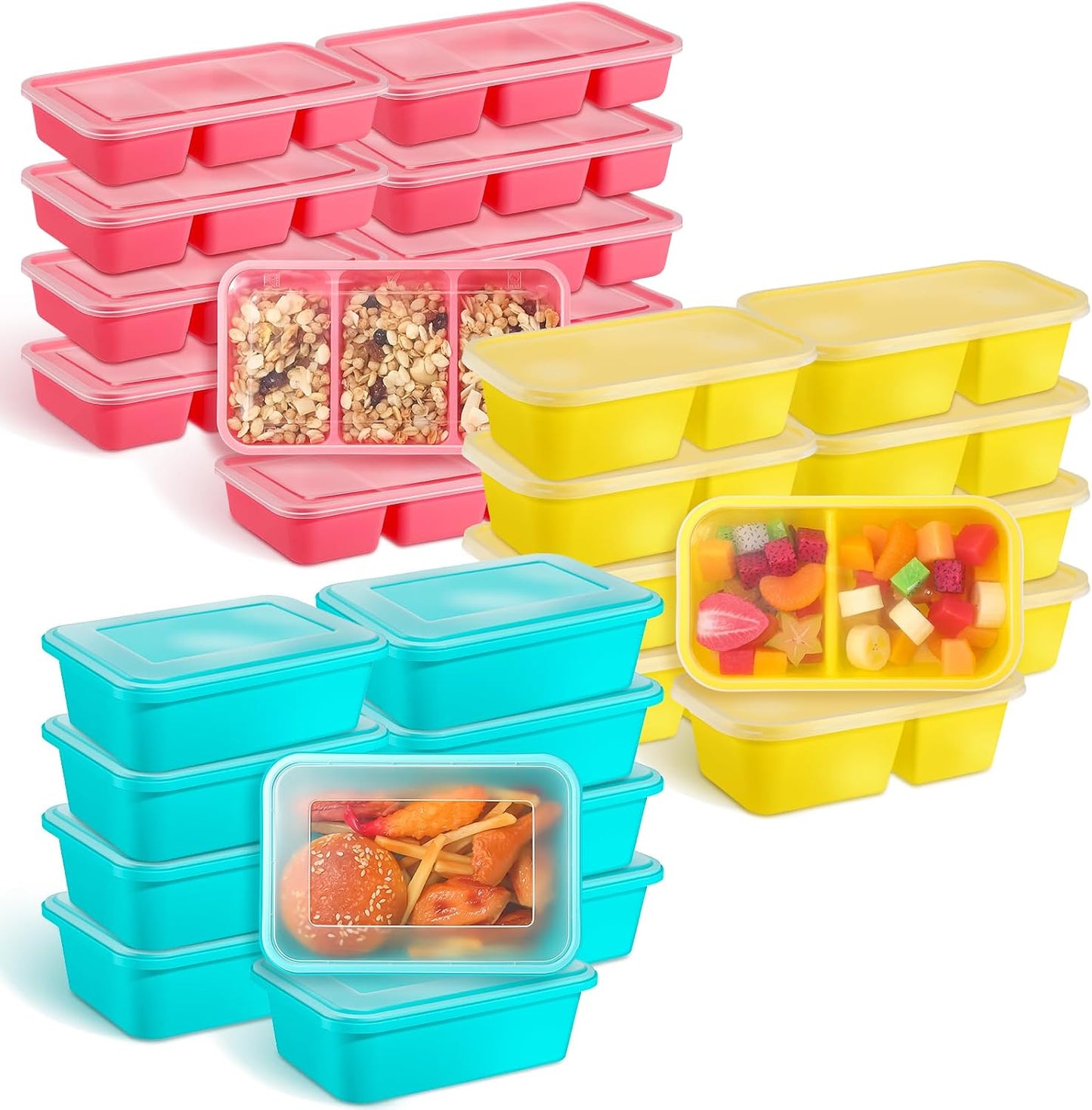 Honeydak 120 Piece Meal Prep Kit Reusable Meal Prep Containers with Dividers and Lids 1-Compartment, 2-Compartment, 3-Compartments Microwave, Freezer, Dishwasher Safe Pink, Yellow, Blue