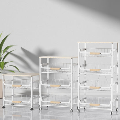 JAQ Slide Out Fruit Vegetable Basket for Kitchen, 4-Tier Rolling Storage Cart with Wooden Handle & Top, Metal Wire Produce Rack for Pantry Organization, Onion Potato Storage Bins for Small Space,White