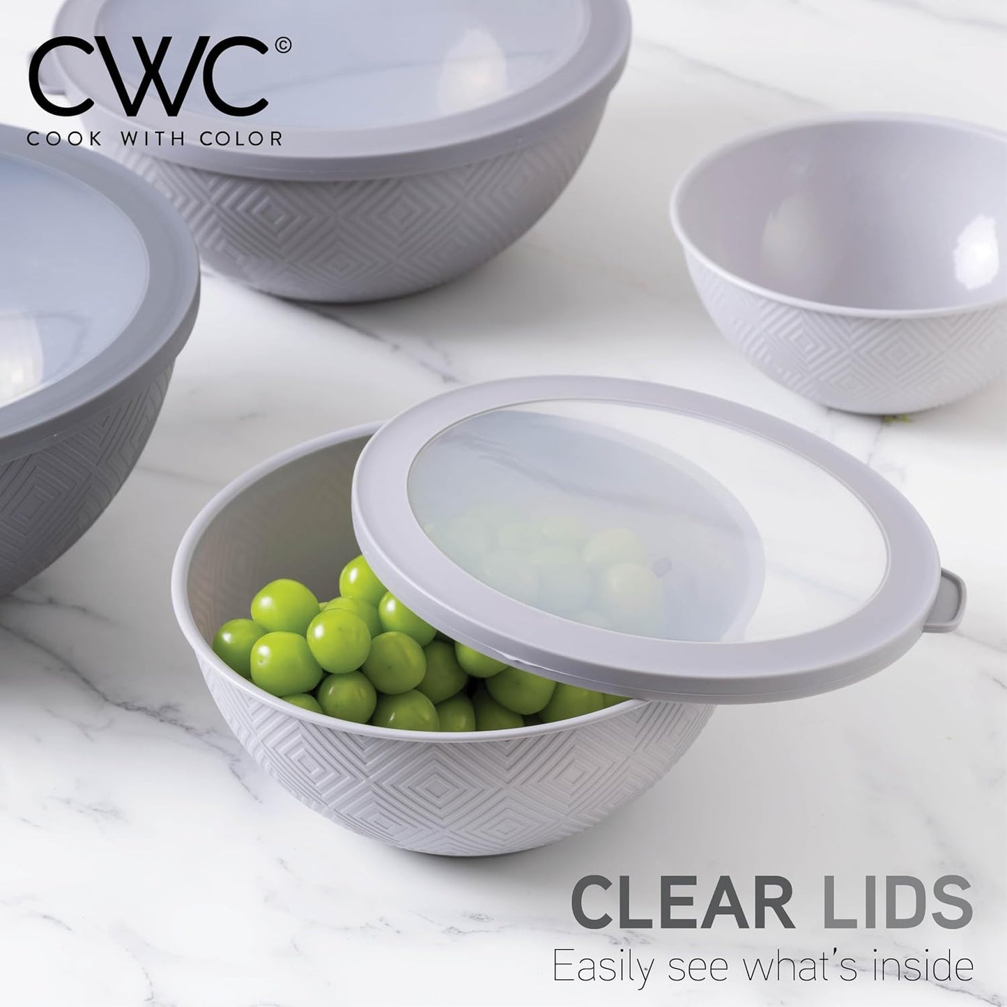 COOK WITH COLOR Mixing Bowls with Lids - 12 Piece Plastic Nesting Bowls Set includes 6 Prep Bowls and 6 Lids, Microwave Safe Mixing Bowl Set, Pink Embossed - Colors A