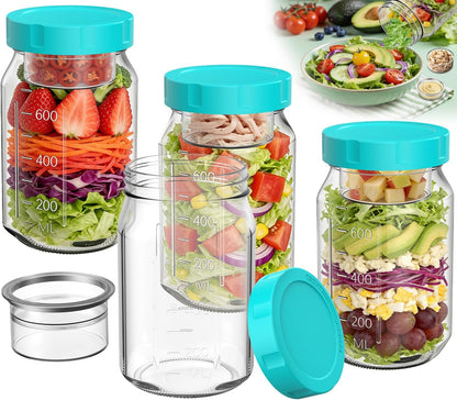 4Pack Glass Salad Jars with Lids, 32oz Salads Mason Jars with Wet/Dry Separation Cup, Meal Prep Salad Containers for Lunch, Leakproof Wide Mouth Food Storage Containers, BPA-Free Reusable (Black)