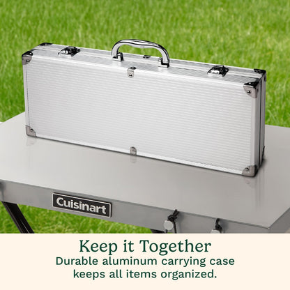 Cuisinart 14-Piece Deluxe Stainless Steel Grill Set, Grilling Accessories Kit with Spatula, Tongs, Corn Holders, Basting Brush, Cleaning Brush & Aluminum Carry Case, BBQ Tools for Outdoor Grill