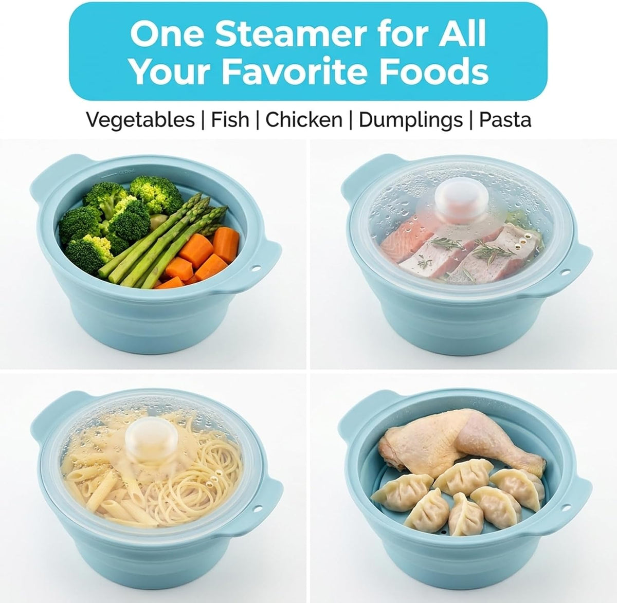 42oz Silicone Microwave Steamer, Collapsible Vegetable Steamer, Heat-Resistant Cooker with Steam Holes for Cooking Fresh & Frozen Vegetables Dumplings Steamed Buns