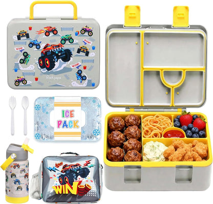 rockpapa Chill Kids Lunch Box Set with Leakproof 5.5 Cups Bento Box, Reusable Ice Pack, 14oz Insulated Water Bottle & Lunch Bag, BPA-Free Microwave Safe for School Boys Girls (Black Games)