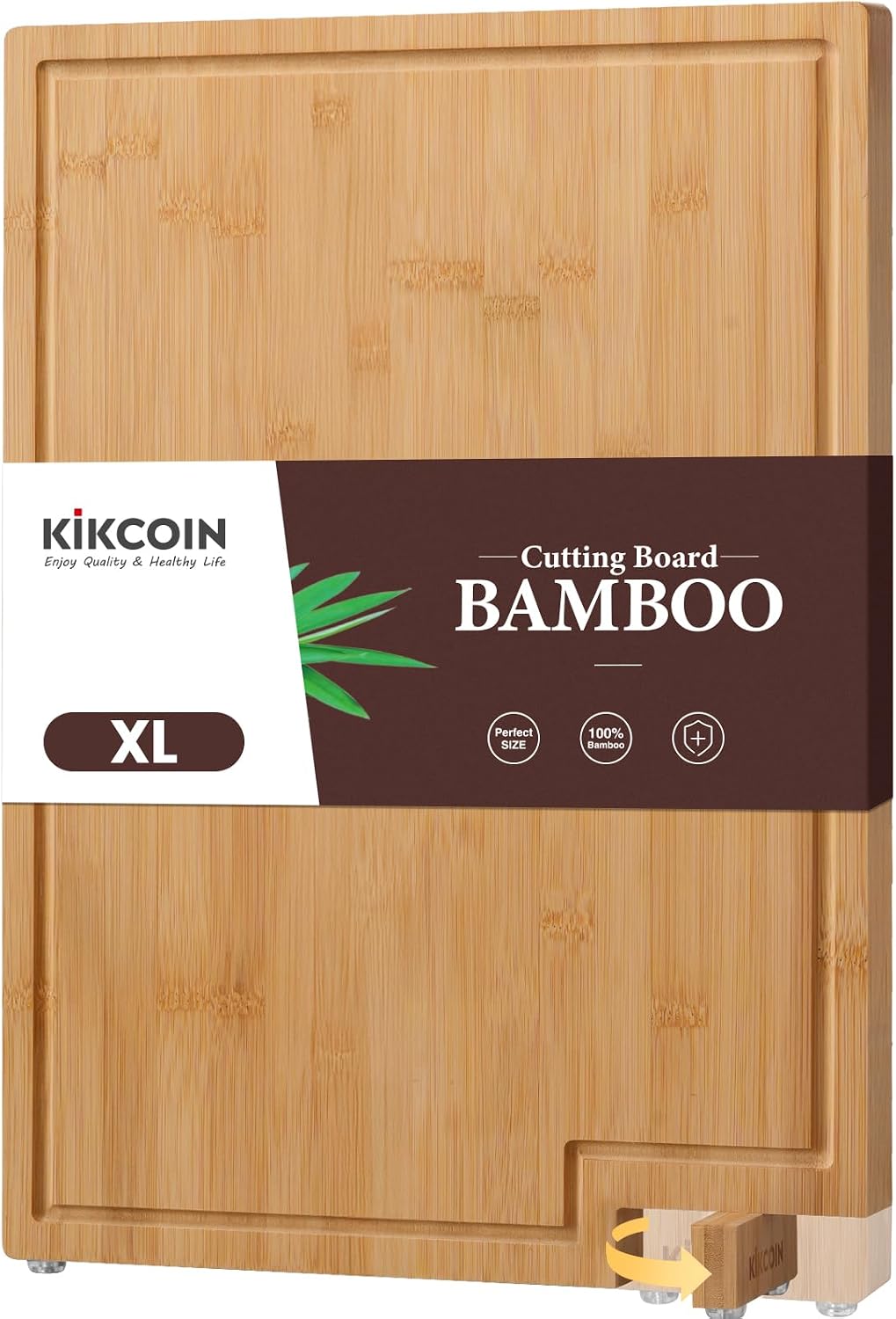 Kikcoin Bamboo Cutting Boards for Kitchen Set of 3, Extra Large Wood Cutting Board with Rotating Kickstand & Juice Groove, Wooden Chopping Board for Meats Veges Fruits, Heavy Duty Serving Tray