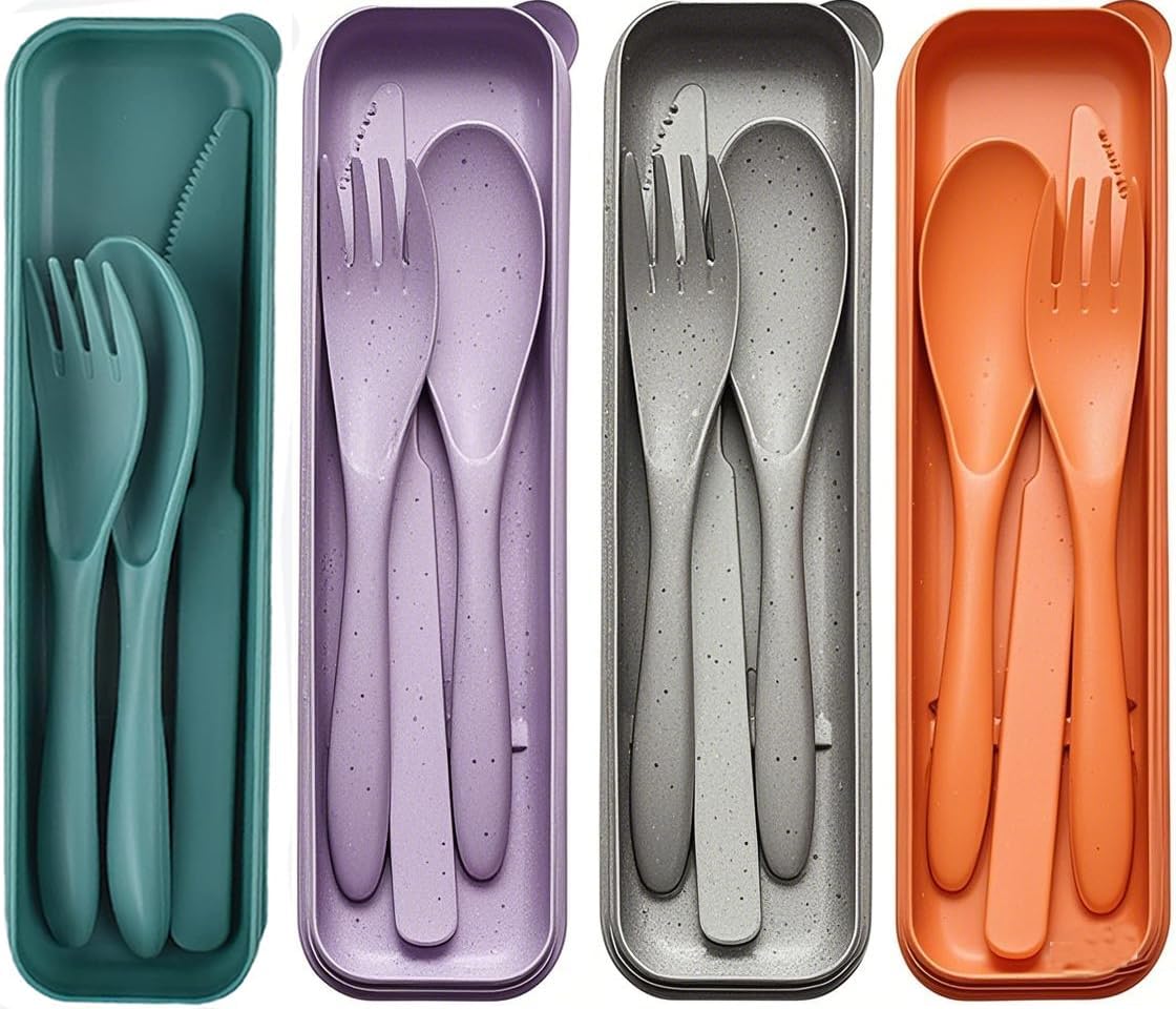 Reusable Utensils Set with Case, Wheat Straw Portable Spoon and Fork Set, Plastic Work School Kids Adults or Daily Use Cutlery Set - for Lunch Box Use Outdoor (Red)