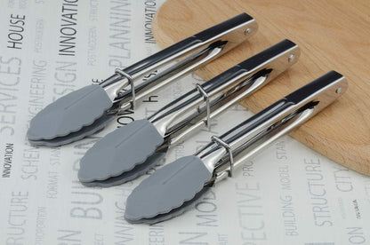 HINMAY Mini Stainless Steel Food Tongs with Silding Rings 7-Inch, Set of 6 | Small Clam Shell Service Tongs for Serving Appetizers, Desserts, Salads, Barbecue and Cooking (Silver)