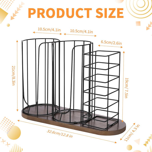 Coffee Cup and Lid Holder with Wooden Base, 3-Slot Coffee Station Organizer Dispenser for Paper Plastic Cups, Lids & Straws, U-Shape Metal Wire Coffee Bar Storage for Countertop, Office, Kitchen