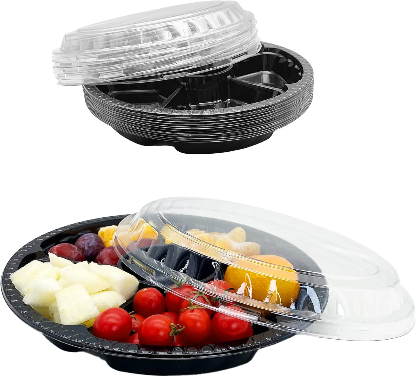 12Pcs Disposable Fruit Trays, Round Plastic Appetizer Serving Tray with Lid 5 Compartment Party Platters Divided Food Dip Containers for Snack Vegetable Salad Veggie Fruit Organizer-Black