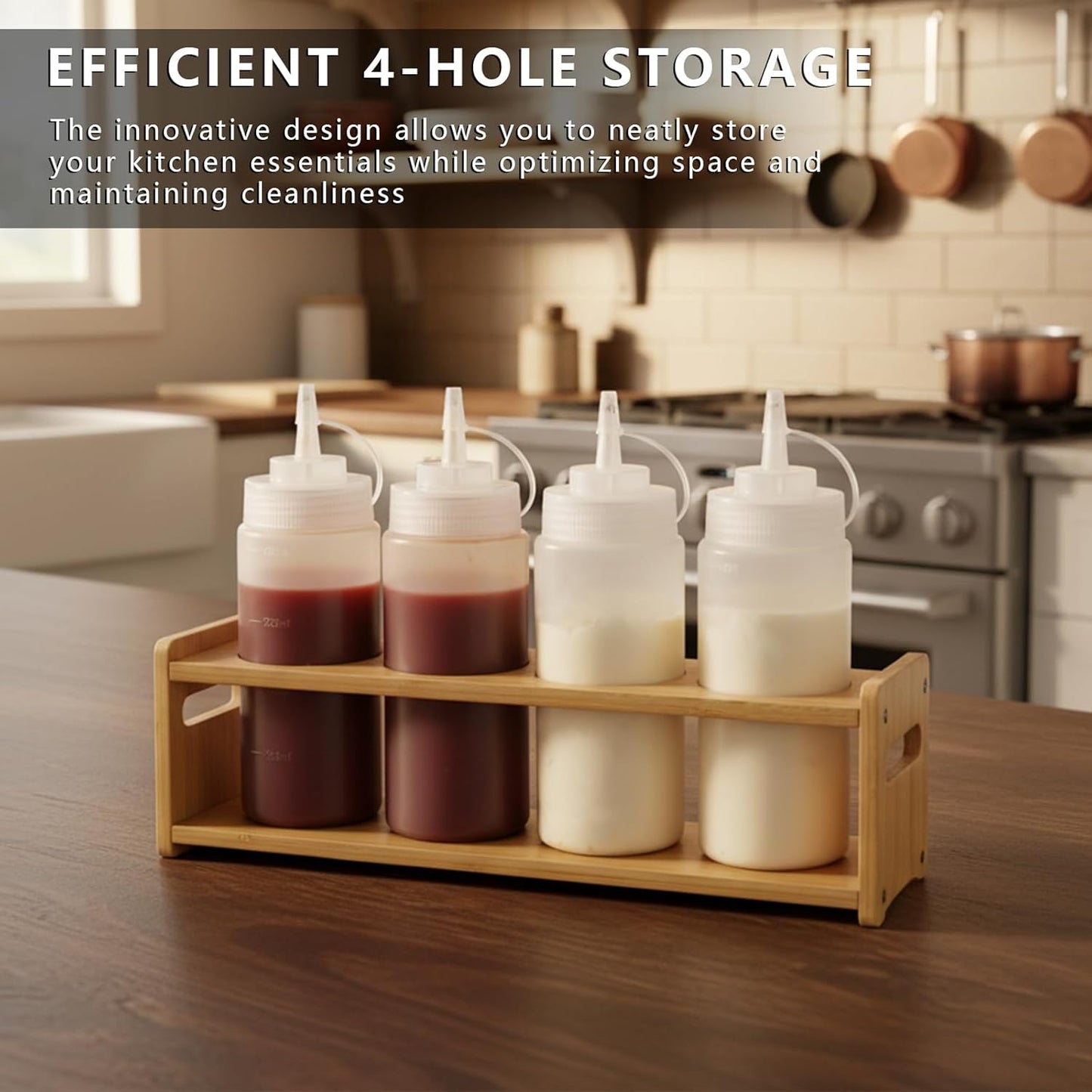 Wooden Condiment Caddy for Squeeze Bottles, 4-Bottle Countertop Organizer with Non-Slip Base, for Kitchen, Fridge, Dining Table Storage to Prevent Spills and Clutter