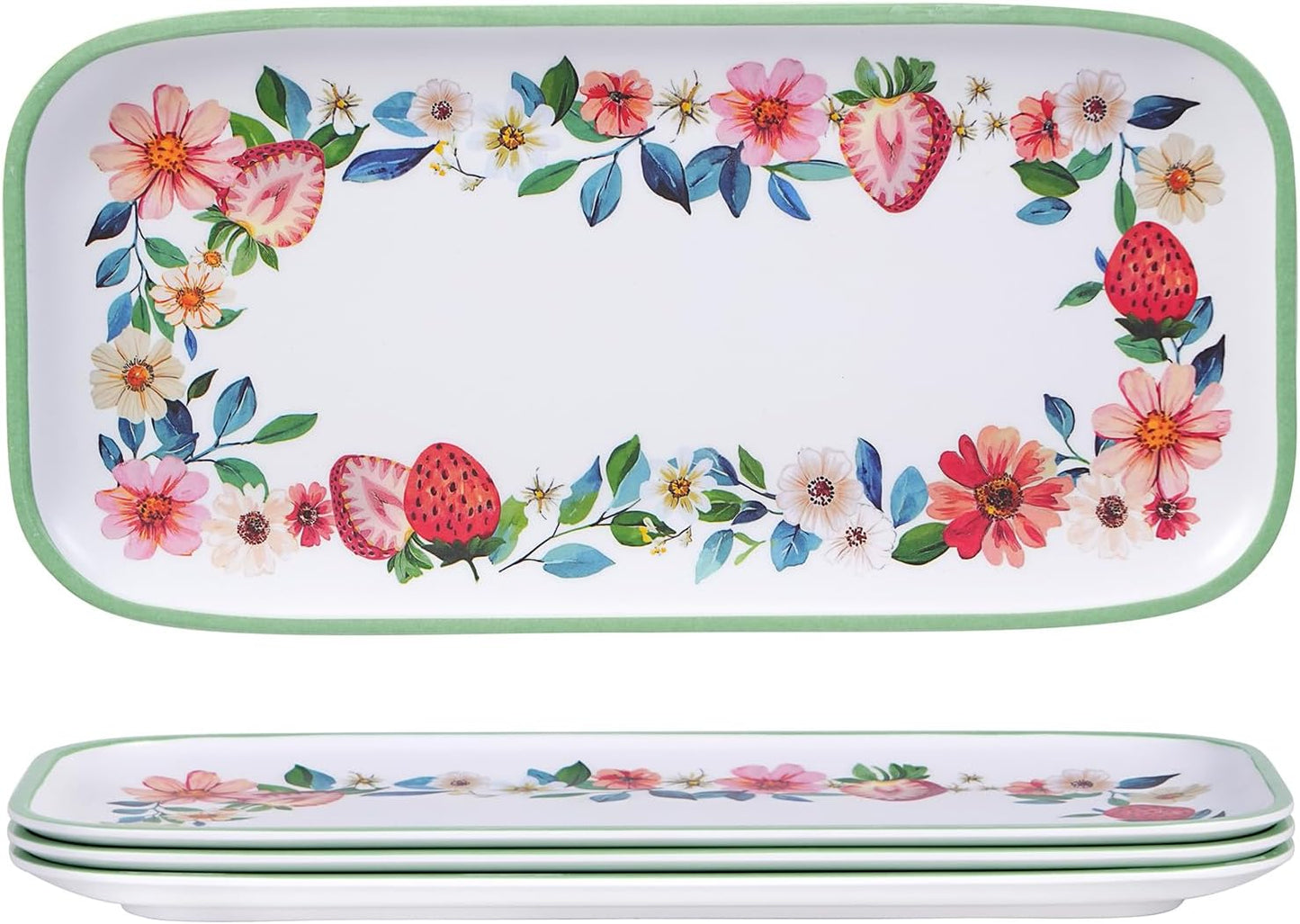 2 pcs Melamine Tray Set with Strawberry Design, 19 Inch and 14.5 Inch Large Serving Plates, Unbreakable Dinnerware for RV, Camping, Party, Easy Clean