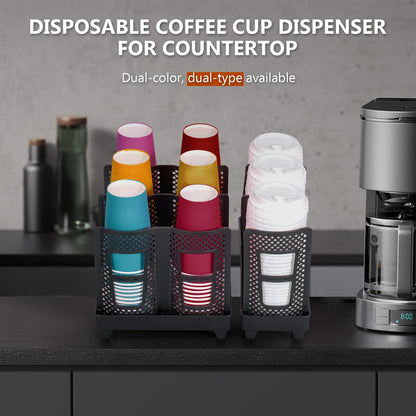 Paper Cup and Lid Holder, Disposable Coffee Cup Dispenser, 3-Slot Upright Paper Cup Dispenser for Coffee Stations, Kitchens, Bars, Restaurants, Lounges (Black)