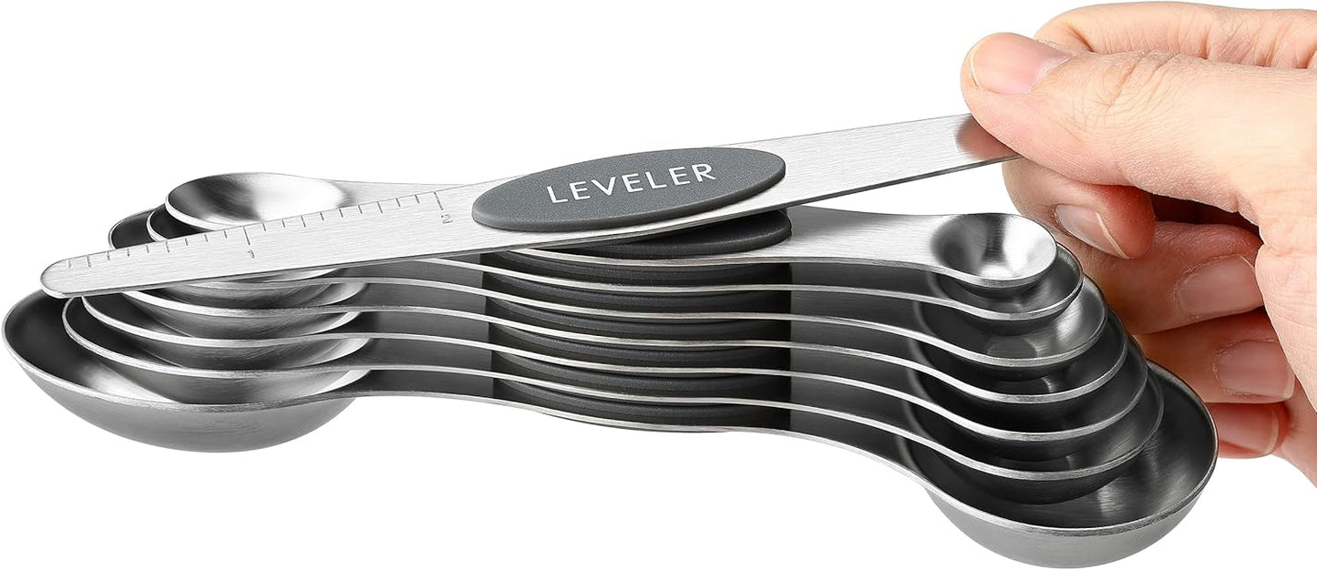 Spring Chef Stainless Steel Magnetic Measuring Spoons Set with Strong N45 Magnets, Heavy Duty Metal Kitchen Gadgets for Baking & Cooking, Fits in Most Kitchen Spice Jars, Set of 8 with Leveler, Black