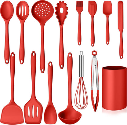 Homikit Silicone Cooking Utensil Set, 15pcs Kitchen Utensils with Holder for Nonstick Cookware, Heat Resistant Nontoxic Silicone Spatula Set Dishwasher Safe Kitchen Tools for Baking-Black