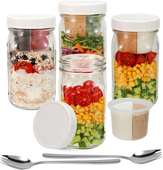 4 Pack Glass Salad Mason Jars with Lids Meal Prep-32 oz Mason Jars Wide Mouth Salad Container for Lunch With Long Sporks-Leak-proof & Separate Compartments for Dressing and Dry Ingredients