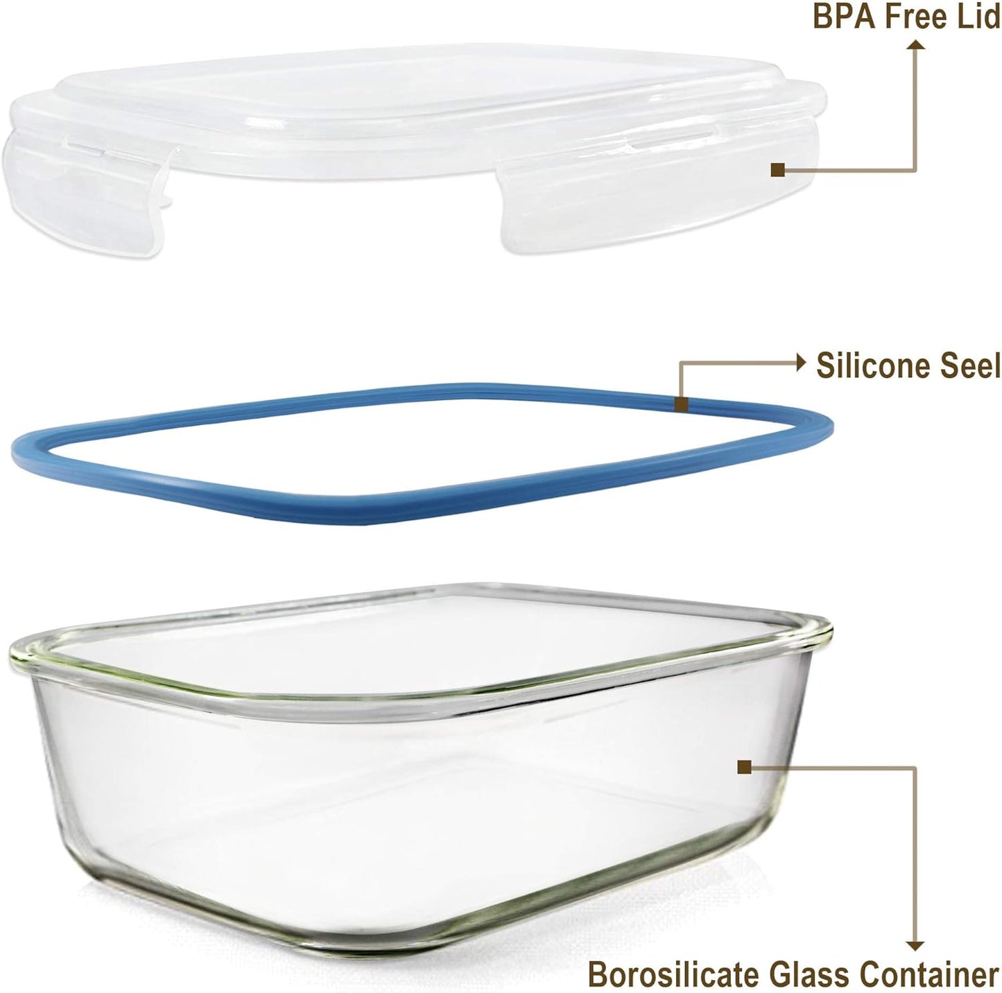 Glass Food Storage Containers Set, Large Size Containers with Lids, BPA-free Locking lids, 100% Leak Proof Glass Meal Prep Containers, Freezer to Oven Safe (2 Pack of 52oz)