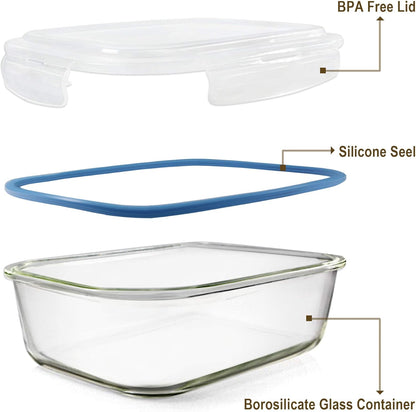 Glass Food Storage Containers Set, Large Size Containers with Lids, BPA-free Locking lids, 100% Leak Proof Glass Meal Prep Containers, Freezer to Oven Safe (2 Pack of 52oz)