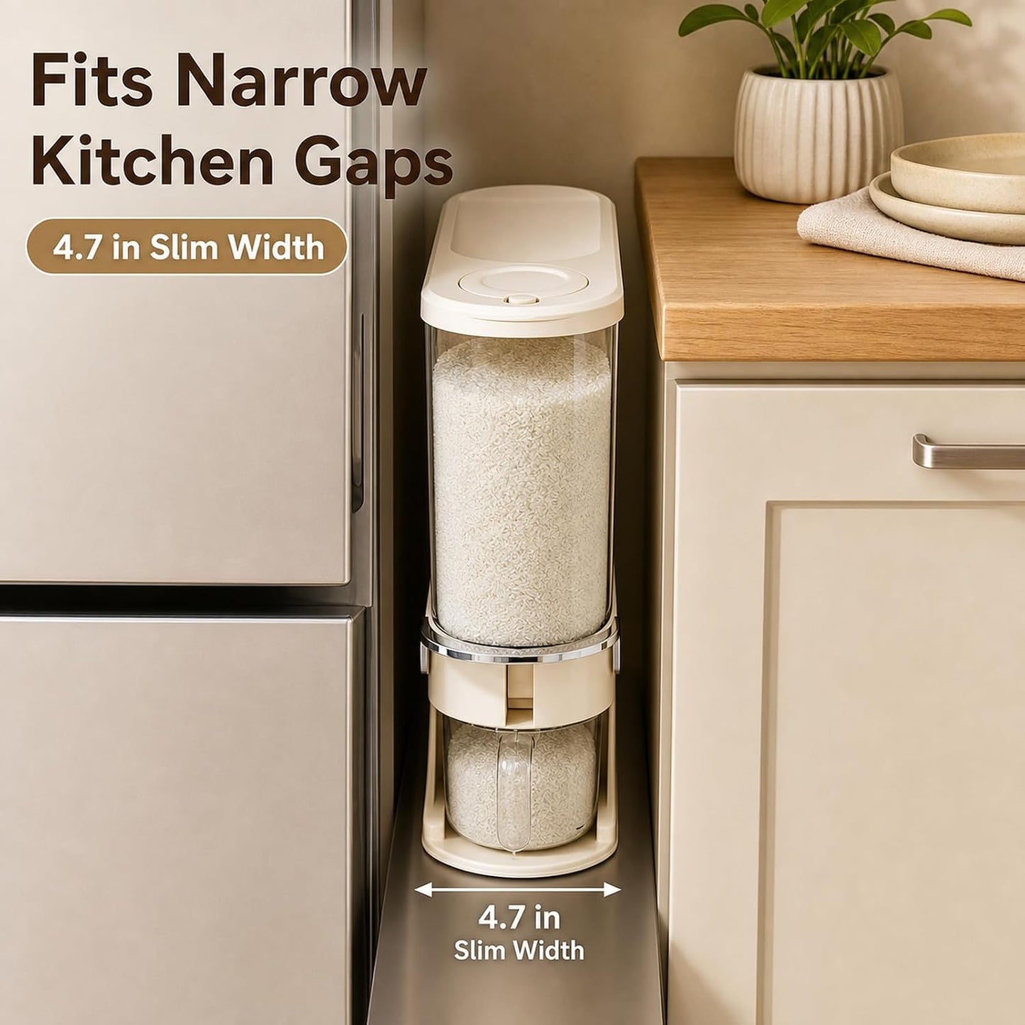 Rice Dispenser 11 Lb, Slim Rice Storage Container with Double Sealing Strip, Press to Dispense Cereal Container Airtight for Kitchen Pantry Organization, (Ivory White-11lb)