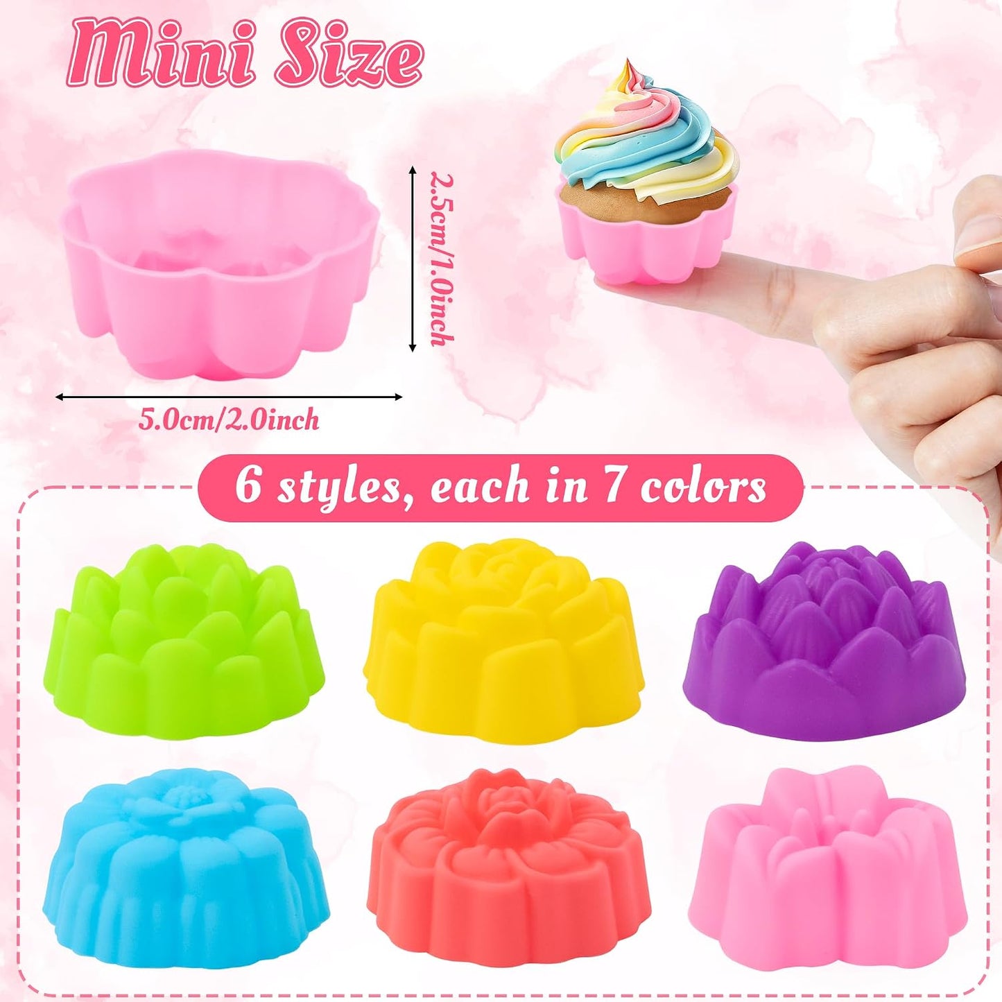 R HORSE 42Pcs Silicone Molds Cupcake 2 Inch Mini Size Reusable Muffins Liners Washable Non-Stick Donut Wrapper Mold Flower Shapes Baking Cups for Pan Oven Microwave Dishwasher