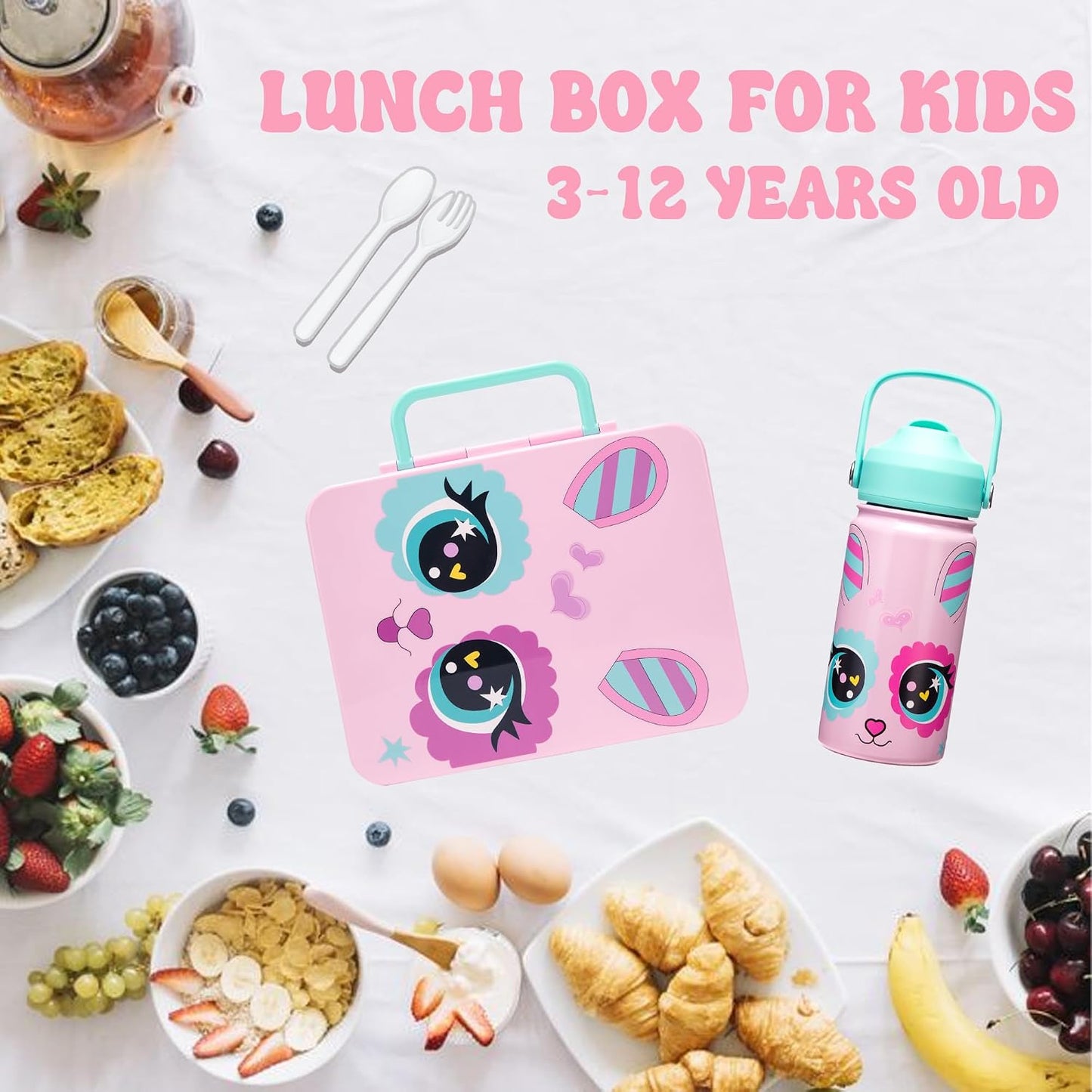 Kids Bento Lunch Box with 6 Compartments Girls Lunch Box with Lunch Bag,Stainless Steel Water Bottle,Ice Pack & Utensils Set,Birthday Gifts for Ages 3-12 Back to School Toddler Girls