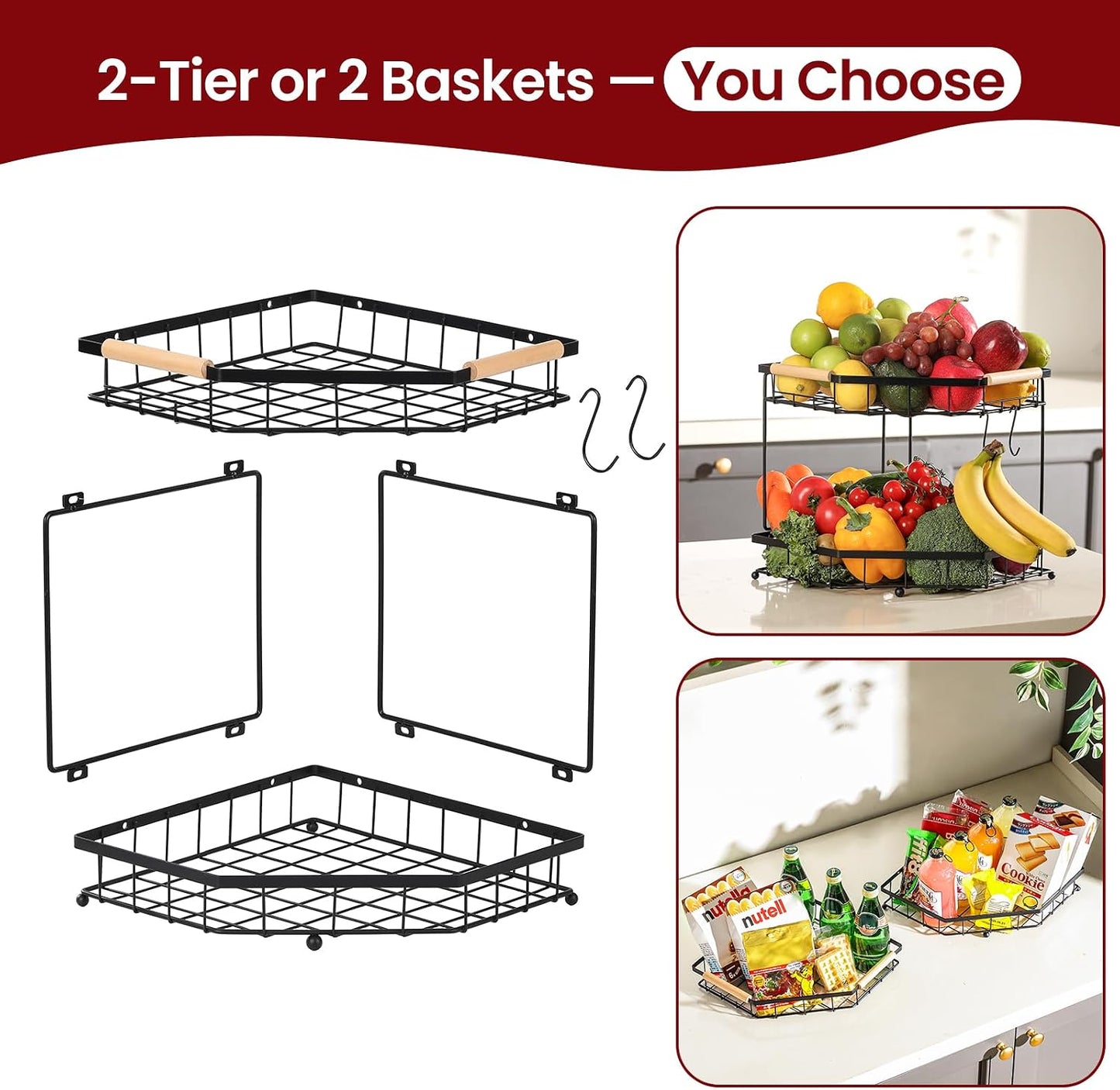 2 Tier Corner Fruit Basket for Kitchen Counter with Banana Hangers, Detachable Fruit Bowl with Wooden Handle, Metal Corner Rack for Fruit and Vegetable Storage, Kitchen Countertop Organizer