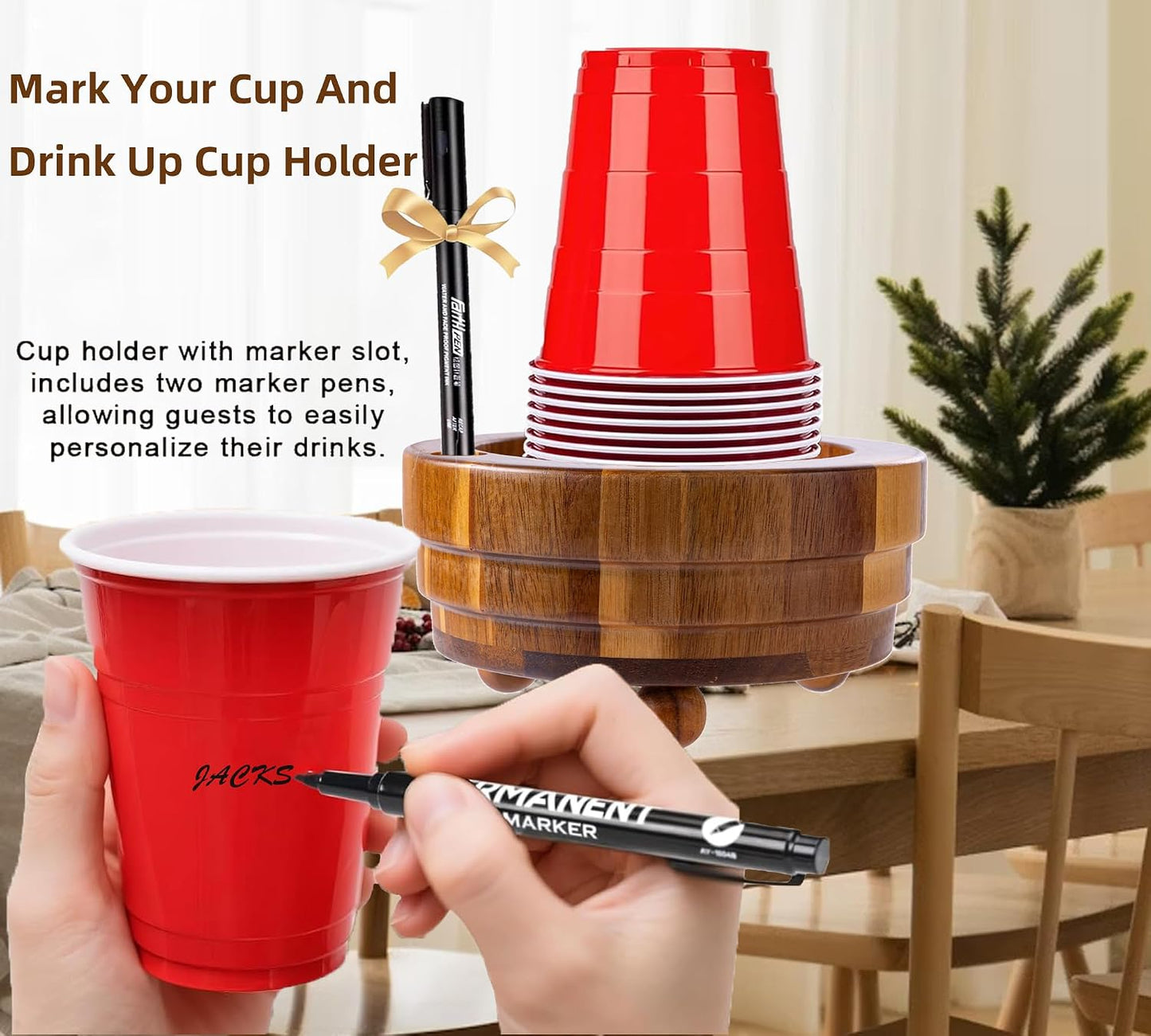 Acacia Wood Cup Holder with Marker Slot, Paper Cup Storage Box Mark Your Cup and Drink Up, Rustic Disposable Cup Dispenser for Party Bar Kitchen Bathroom