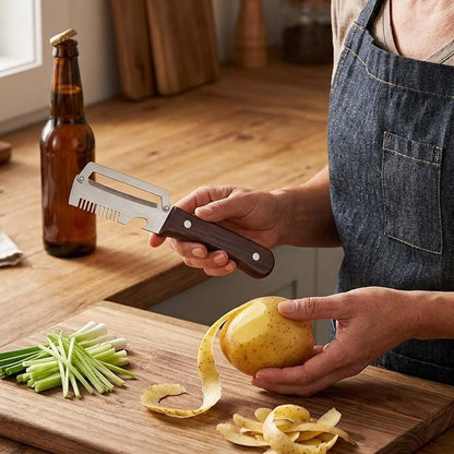 3 in 1 Multifunctional Vegetable Peeler with Julienne & Bottle Opener, German High-Carbon Stainless Steel Blade, Ergonomic Non-Slip Wooden Handle, Handheld Peeler Slicer for Fruits & Vegetables(1PCS)