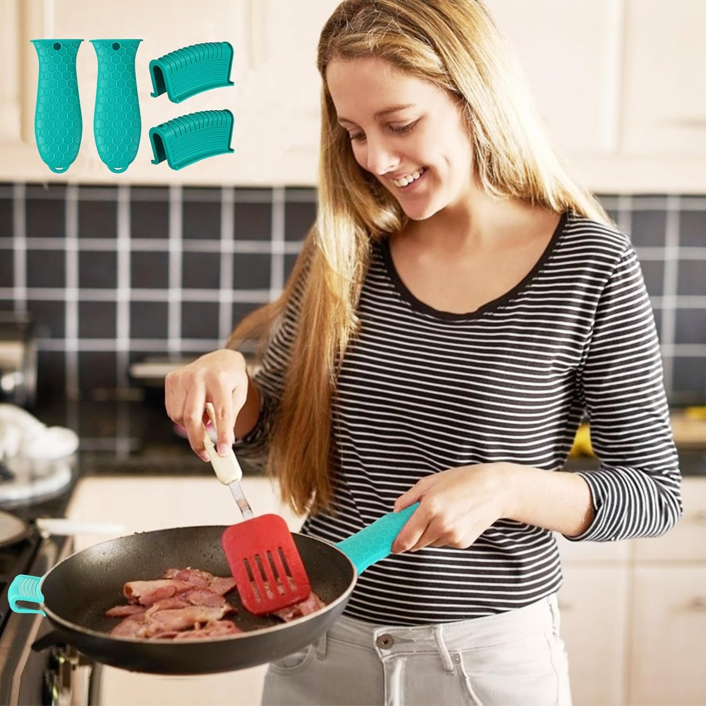4 Pcs Non-Slip Silicone Hot Handle Holder & Assist Grips, Potholder for Cast Iron Skillets, Heat Resistant Handle Cover Sleeve for Frying Pans, Casserole, Cookware Handles, Lake Blue