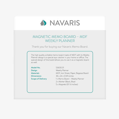 Navaris Weekly Planner White Board - 24" x 36" Magnetic Dry Erase Whiteboard Calendar with 7-Day Week Plan for Wall - Includes Markers and Magnets