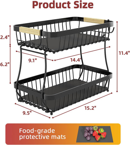 Sevenblue 2 Tier Large Fruit Basket for Kitchen Counter with 2 Mobile Banana Hangers, 2026 Pro Detachable Metal Fruit Bowl with Wooden Handle, Fruit Holder for Bread Snack Veggies with Protective Mats