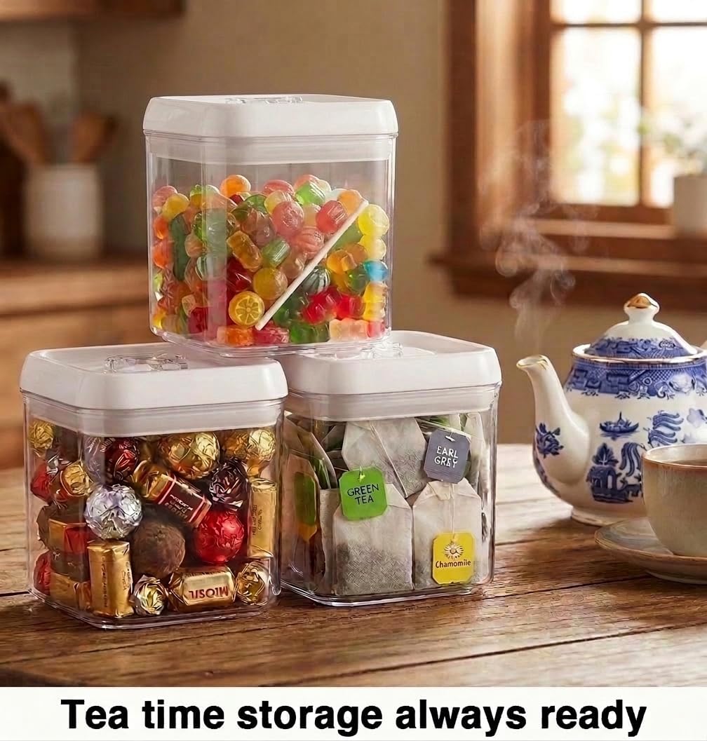 Felli Flip Tite Acrylic Food Storage Container with Lid 6” XL Air Tight Ring Seal Flip Top, Plastic Kitchen Baking Canister for 5 lb Flour Sugar Rice Protein Powder Pantry Organizer (Nest-M, White)