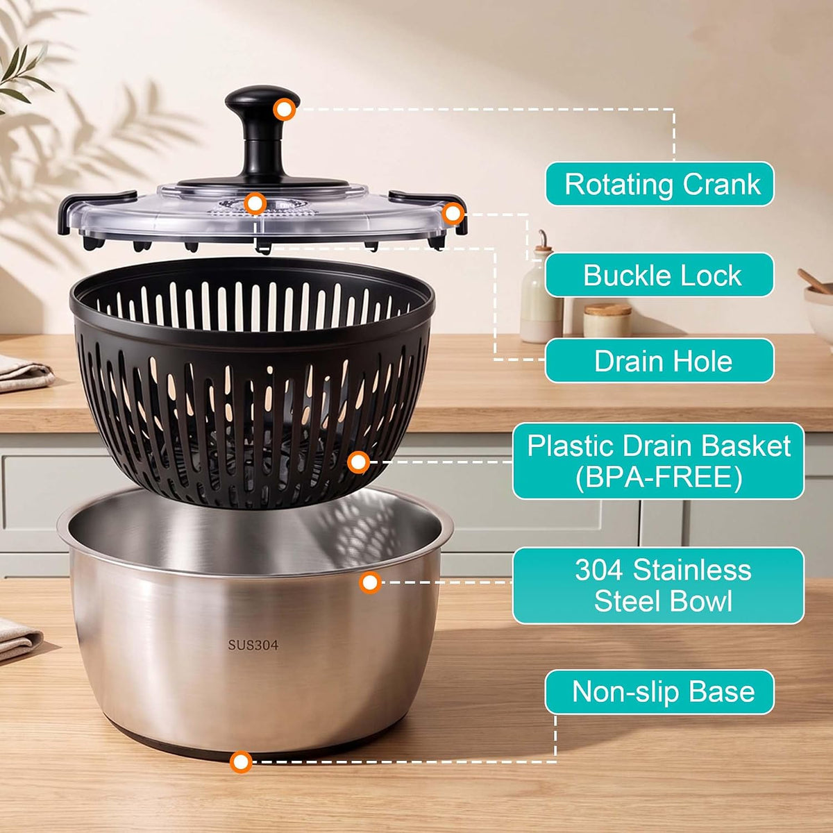 5.3QT Stainless Steel Salad Spinner, Large Lettuce Spinner & Vegetable Washer with Hand Crank, Locking Lid and Non-Slip Base, BPA-Free Salad Dryer for Fruits & Vegetables