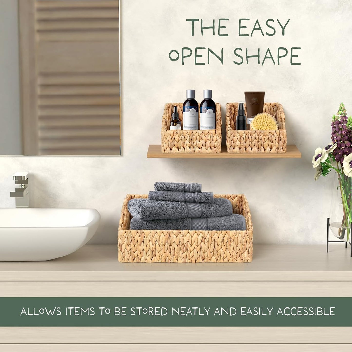 Set of 3 Handwoven Storage Baskets – Decorative Natural Wicker Organizer Bins with Built-in Handles for Bathroom, Kitchen, Pantry, Nursery, Closet, Laundry, Living Room, and Home Use
