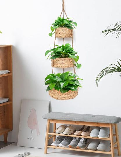 VerdantVibes Woven Wall Hanging Basket – 3-Tier Natural Water-Hyacinth Organizer for Boho Farmhouse Decor, Kitchen & Home Storage (37.4" x 11.2", Folds Flat)