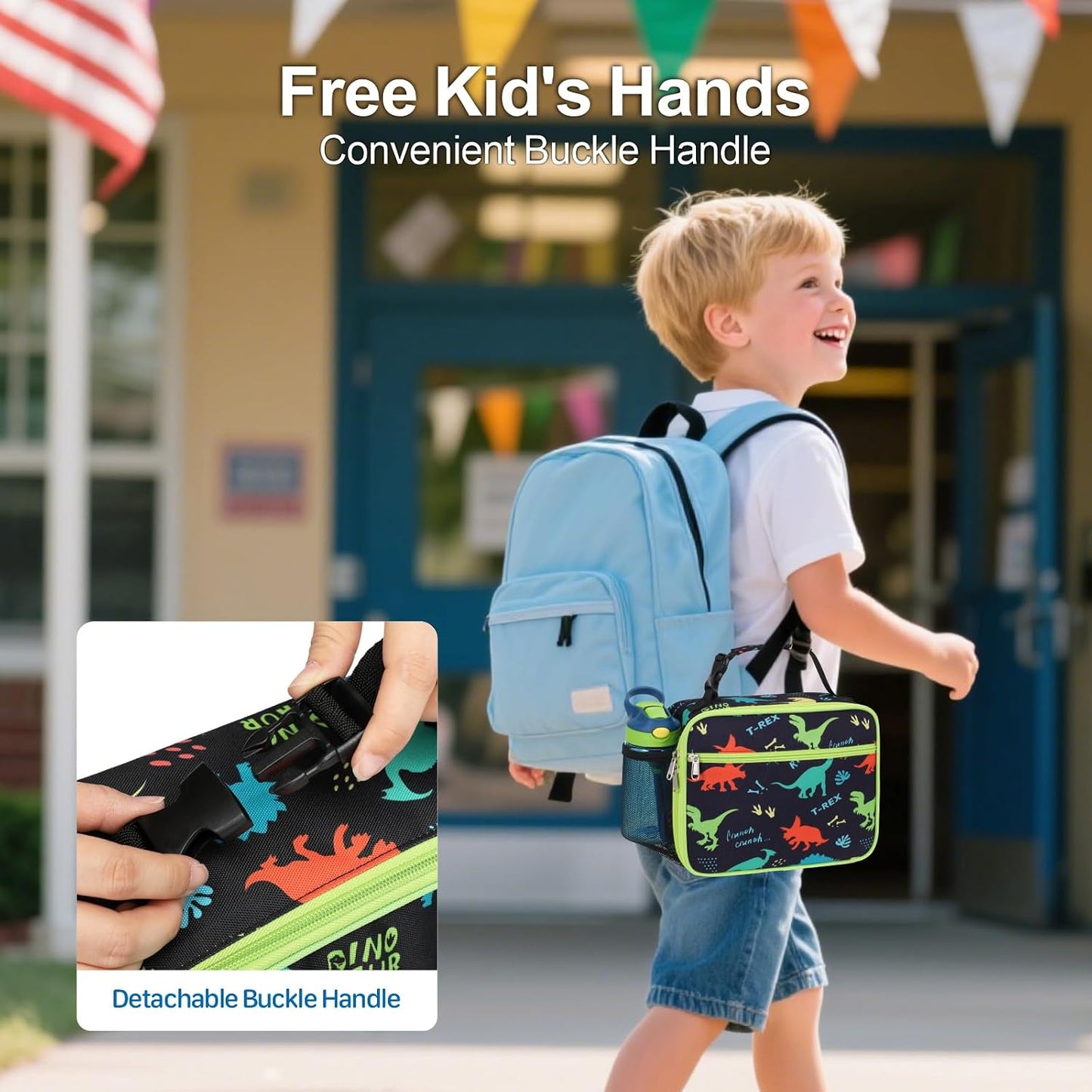 Bagseri Kids Lunch Bag Boys - Thermal Insulated Lunch Box Tote with Water Bottle Holder, Reusable Leak-Proof Kids Lunch Box for Daycare & School, Black Dinosaur (Containers Not Included)