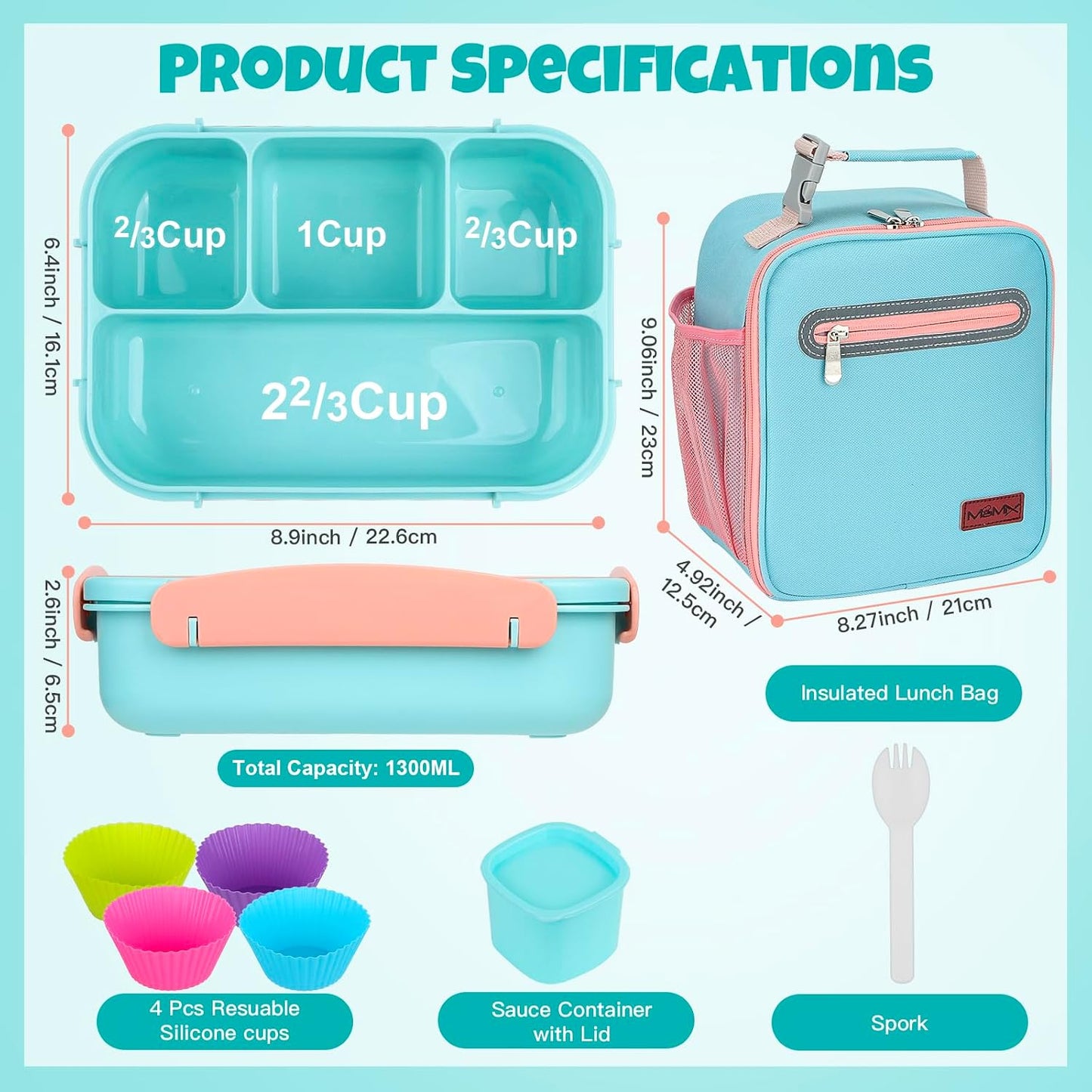 MaMix Bento Lunch Box for Kids, Lunchable Containers for Kids Adults with 4 Compartments + Lunch Bag, with Utensils, Sauce Jar, Muffin Liners (blue set)