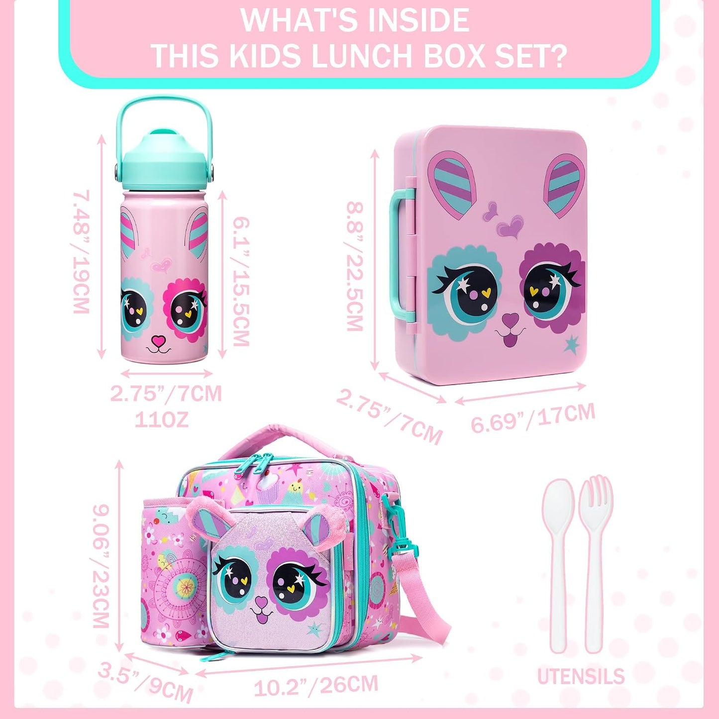 Kids Bento Lunch Box with 6 Compartments Girls Lunch Box with Lunch Bag,Stainless Steel Water Bottle,Ice Pack & Utensils Set,Birthday Gifts for Ages 3-12 Back to School Toddler Girls