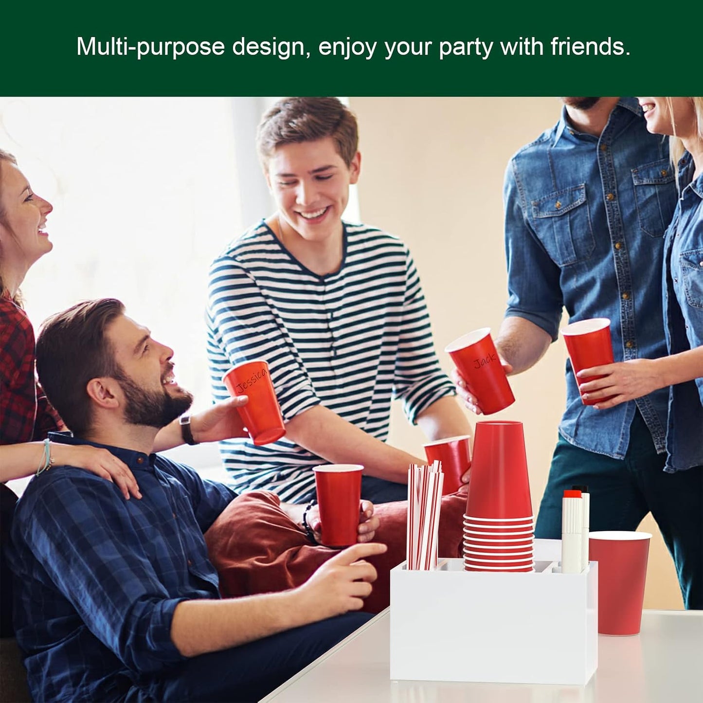 Double Cup Holder with Marker Slot, Party Cup Dispenser Acrylic Cup Organizer Mark Your Cup and Drink Up Caddy Modern Bar Counter Decor, Clear