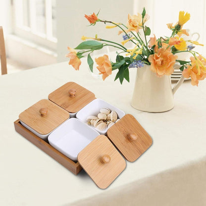 Ceramic Snack Serving Tray Compartment Serving Platter with Lid and Pallets Removable Container Food Storage for Appetizer, Condiments, Nuts(4 grid)
