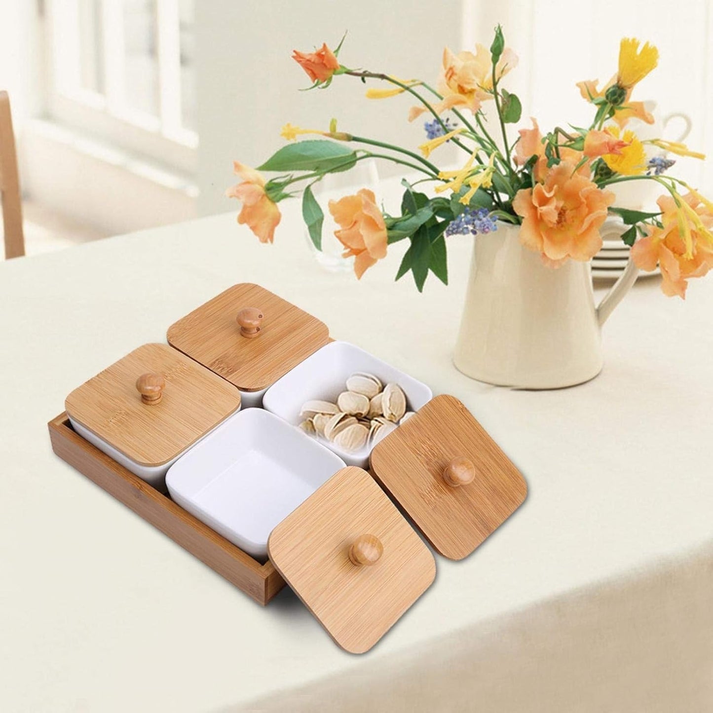 Joyzan Ceramic Divided Serving Dishes, Porcelain Snack Nut Condiments Appetizer Bowl Lids Dip Candy Platter Relish Bamboo Tray Removable Food Display Container Fruit Dessert Potato Chip Birthday Party