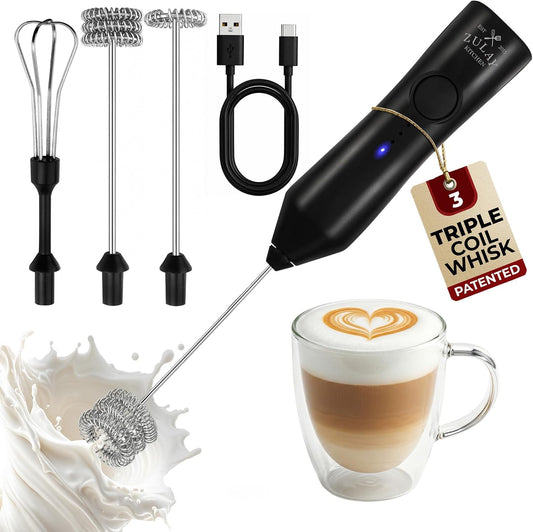 Zulay Kitchen Rechargeable Milk Frother Handheld - Frother Wand, Drink Mixer, Electric Whisk Frother, for Cappuccinos, Matcha & Protein Powder - Dynamic 3 Whisk, 3 Speed 500mAh Black - Colors A