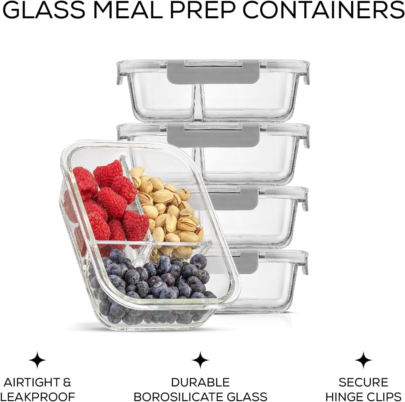 JoyJolt Divided 3 Compartment Glass Meal Prep Bento Box Set. 5 Pack Airtight Food Storage Containers with Lids for Portion Control and Weight Loss