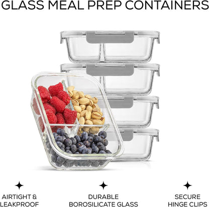 JoyJolt Divided 3 Compartment Glass Meal Prep Bento Box Set. 5 Pack Airtight Food Storage Containers with Lids for Portion Control and Weight Loss