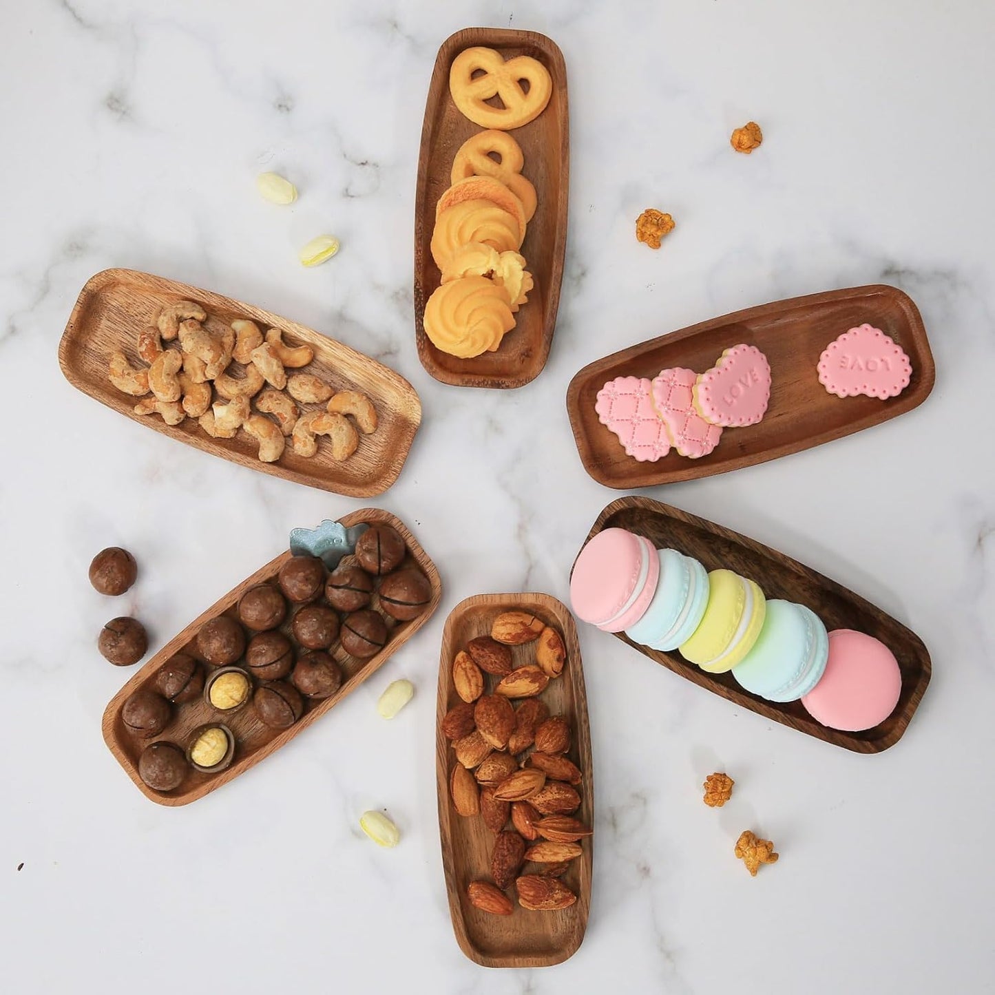 Mini Wooden Serving Platters and Trays, 7-inch Solid Acacia Wood Serving Plates for Food/Snacks/Appetizer, also as Jewelry Trays, Mini Charcuterie Board and Cheese Platter, Reusable (6 PCS)