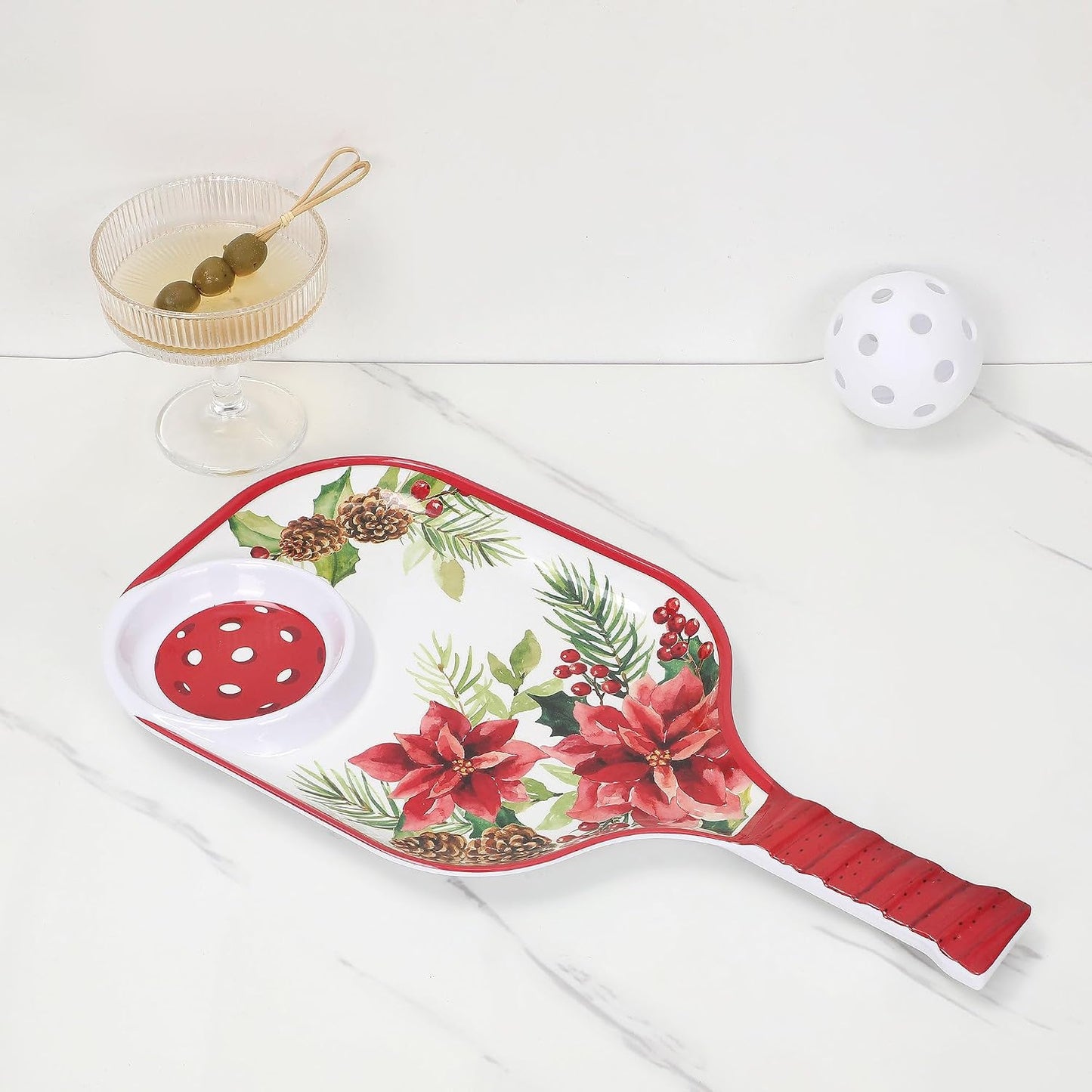 UPware Watermelon Melamine Chip and Dip Snack Tray, Summer Fruit Pickleball Paddle Shape Platter for Chips, Salsa, Fruits, and Appetizers, 15.75 x 8 Inch