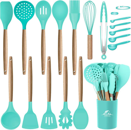 MIBOTE 17 Pcs Silicone Cooking Kitchen Utensils Set with Holder, Wooden Handles Silicone Turner Tongs Spatula Spoon Kitchen Gadgets Utensil Set for Nonstick Cookware (Grey)
